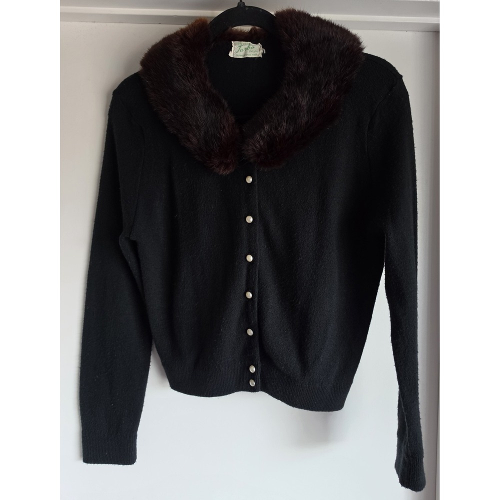 Turbo Cardigan Women Black Collared Long Sleeve Solid Vintage Sweater Faux Fur